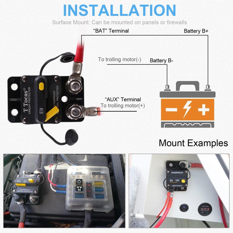 T Tocas E9 3/8" Stud 60 Amp Circuit Breaker, Surface Mount, 12V - 72V DC 60A Waterproof IP67 - Image 4